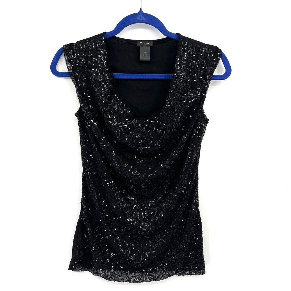 Ann Taylor black sequin sleeveless top cowl neck sparkle y2k night out indie XS